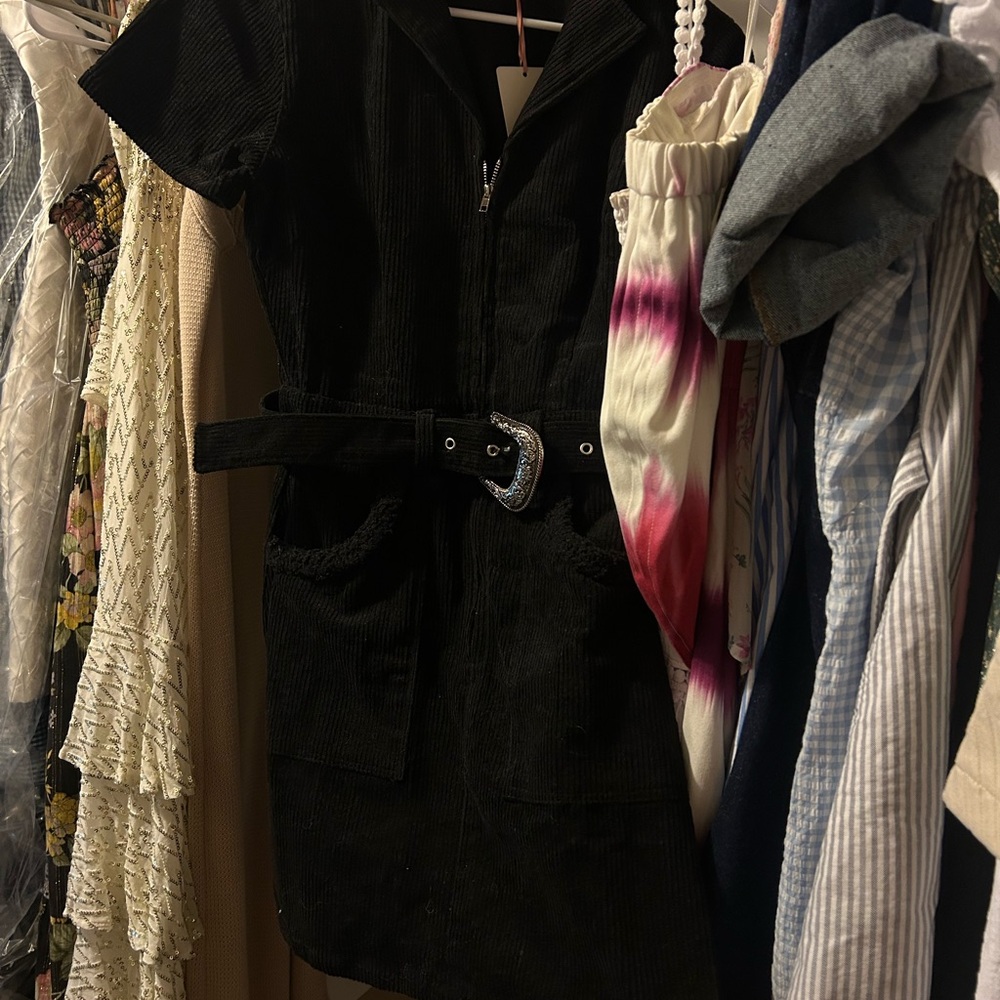 Black Corduroy Belted Dress